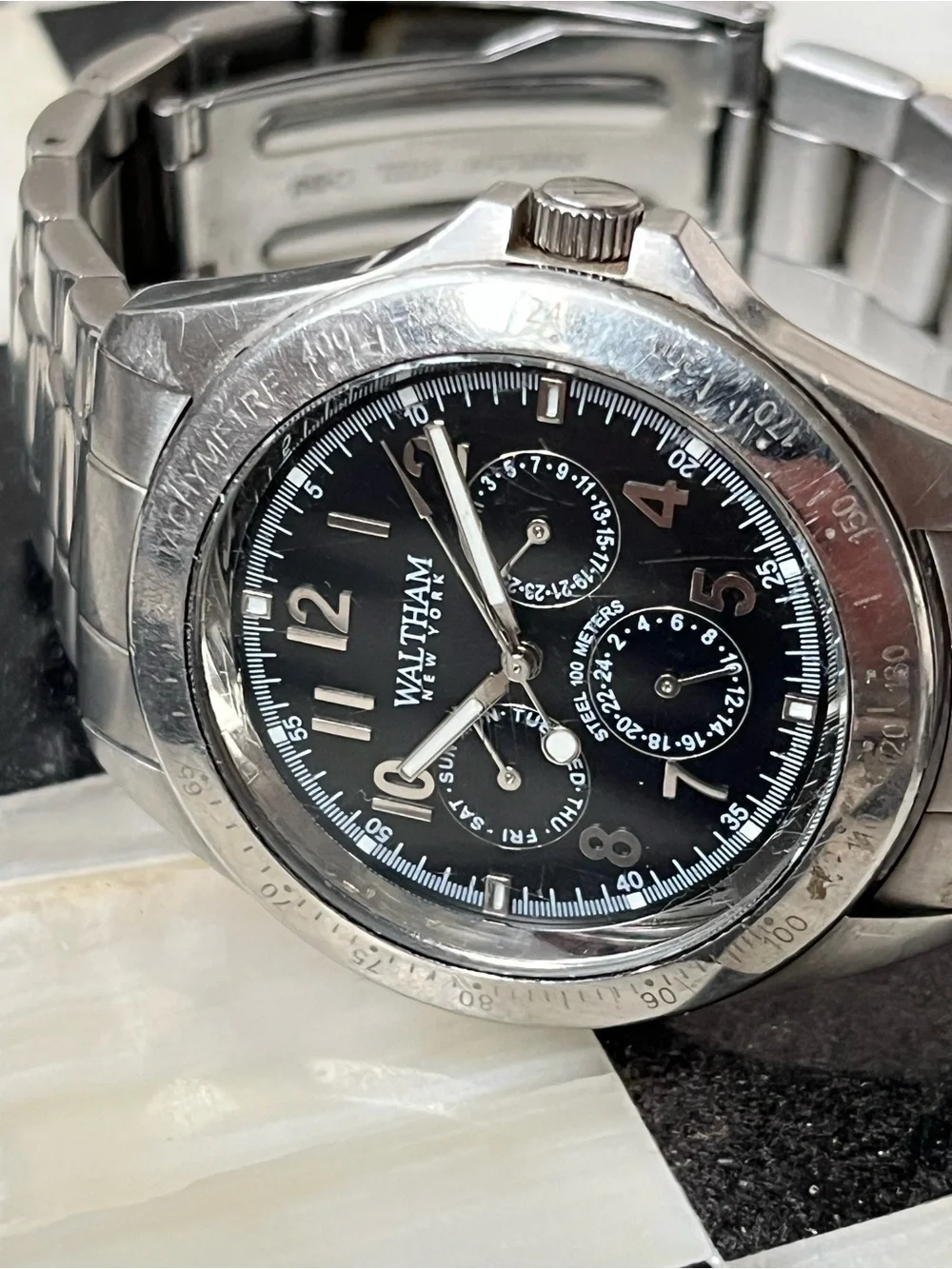 Mens Waltham Quartz Black Dial Tachymeter Date 100M Steel Bracelet 41mm Working
